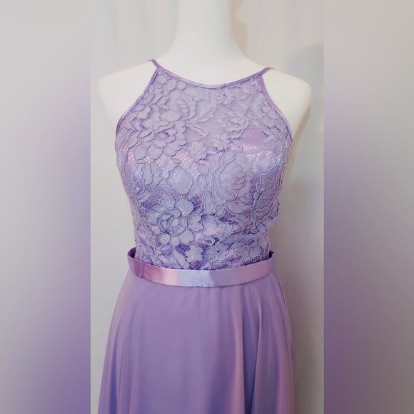 EVA USA Lavender Purple Chiffon Lace Full Length Maxi High Neck Bridesmaid Dress - Picture 3 of 15